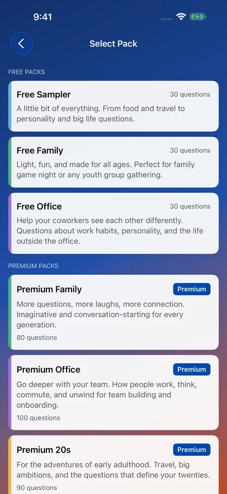 MeeNoMee app screenshot showing pack selection