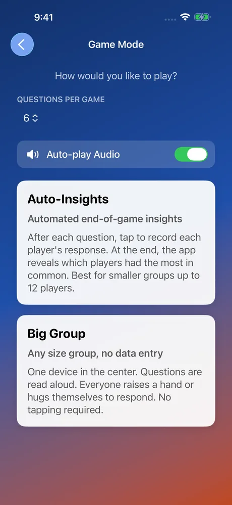 MeeNoMee app screenshot showing game mode selection