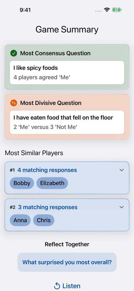 MeeNoMee app screenshot showing Game Summary with player similarities