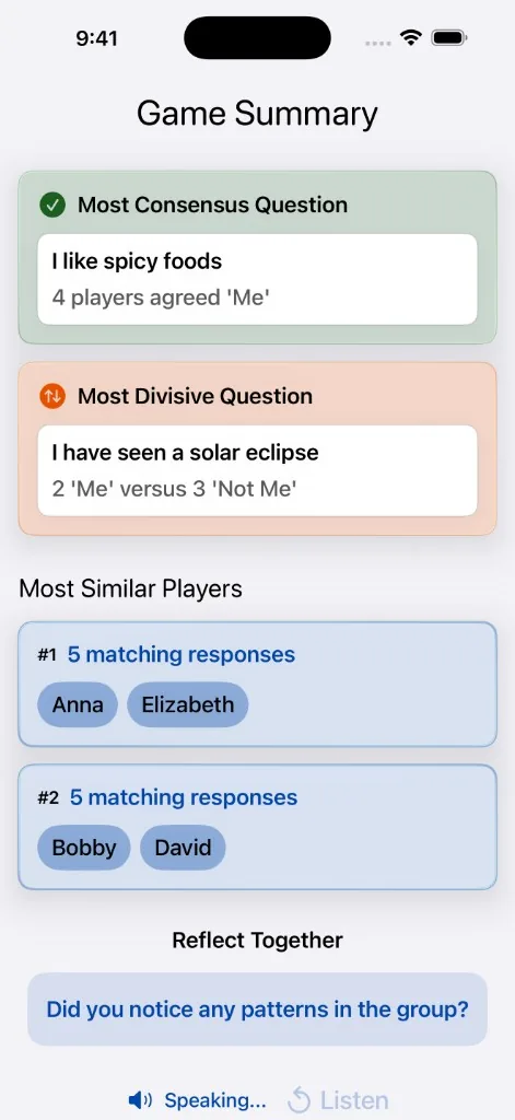 MeeNoMee app screenshot showing Auto-Insights summary