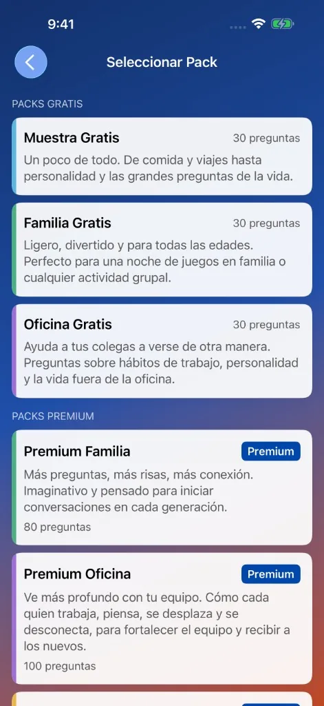 Captura de pantalla de MeeNoMee: selección de packs de preguntas