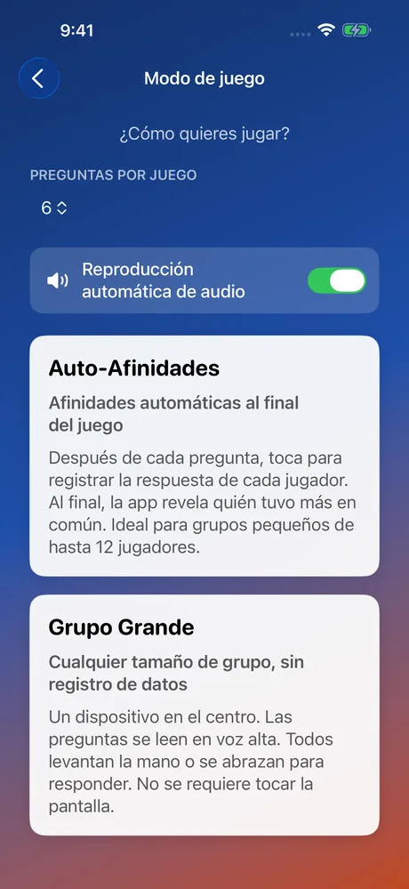 Captura de pantalla de MeeNoMee: modo de juego (Auto-Afinidades o Grupo Grande)