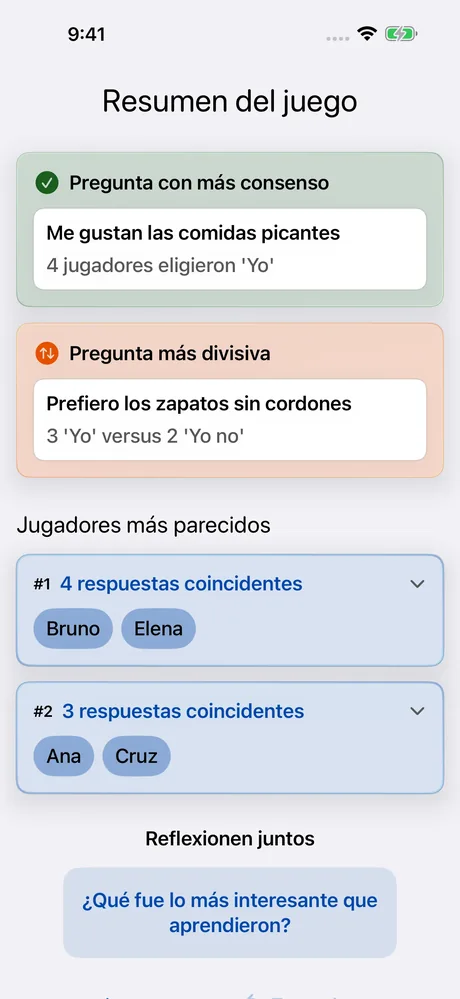 Captura de pantalla de MeeNoMee: resumen de juego con afinidades entre jugadores