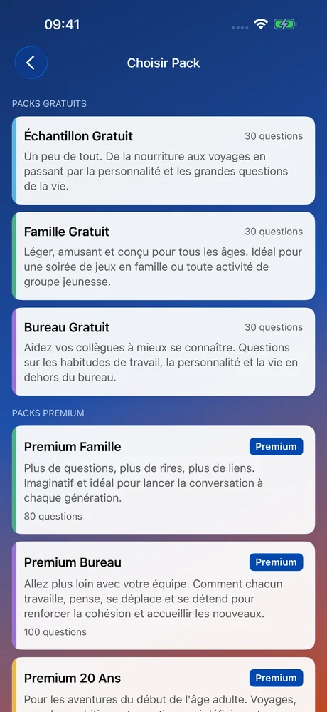 Capture d'écran MeeNoMee : liste des packs de questions Premium