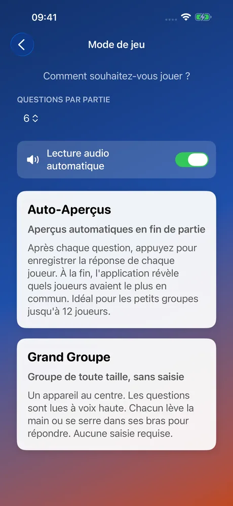 Capture d'écran MeeNoMee : choix du mode de jeu (Auto-Aperçus ou Grand Groupe)