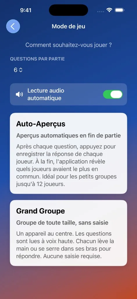 Capture d'écran MeeNoMee : choix du mode de jeu (Auto-Aperçus ou Grand Groupe)