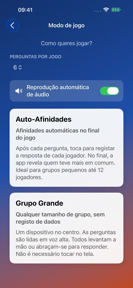 Captura de tela do MeeNoMee: modo de jogo (Auto-Afinidades ou Grupo Grande)