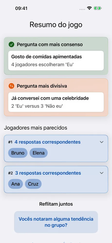 Captura de tela do MeeNoMee: resumo de jogo com afinidades entre jogadores